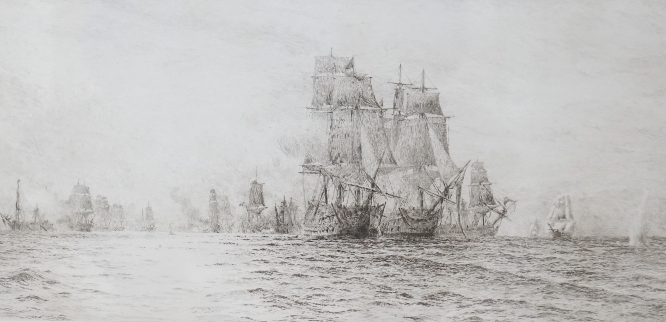 William Lionel Wyllie RA (1851-1931), etching, Duelling ships, Battle of Trafalgar, signed in pencil, 40cm x 21cm